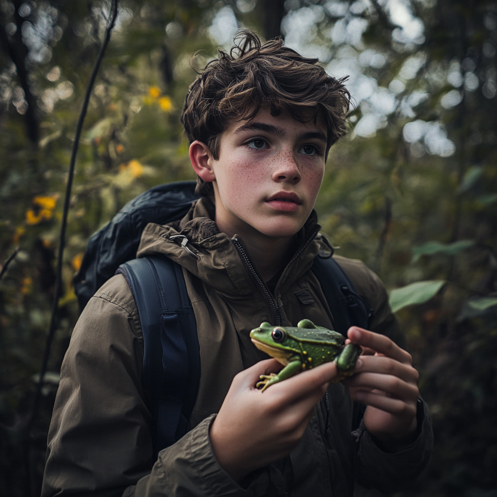 A boy in the woods holding a green frog | Source: Midjourney