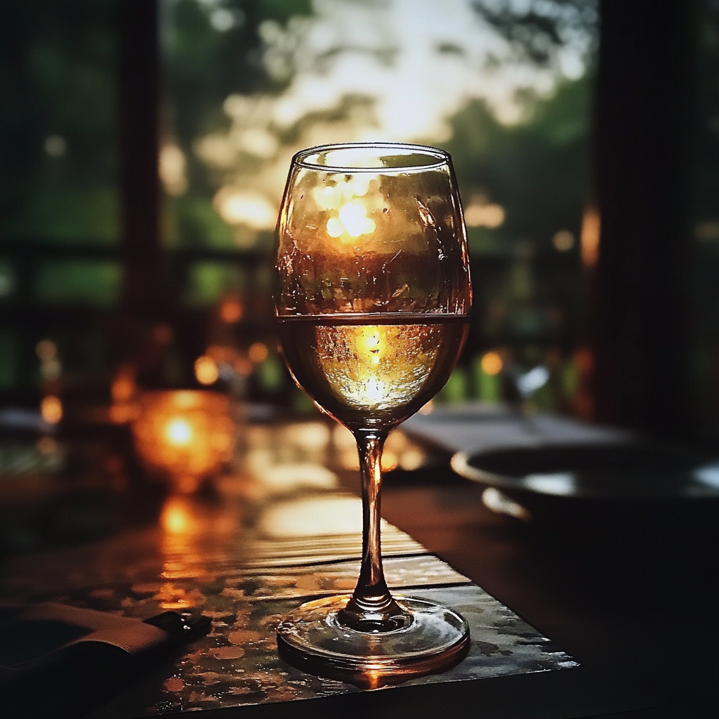 A glass of wine on a table | Source: Midjourney