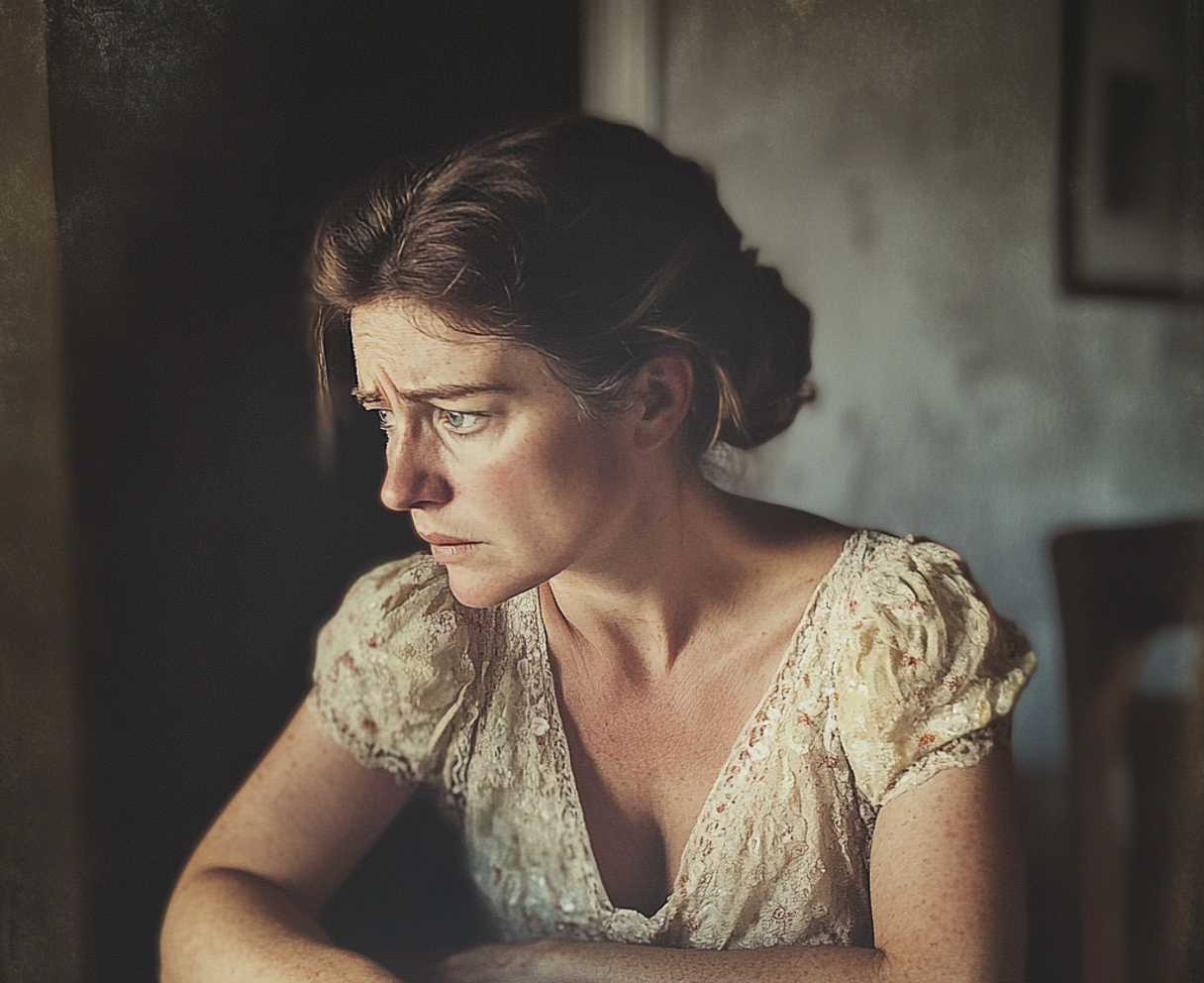 An upset woman sitting at a table | Source: Midjourney