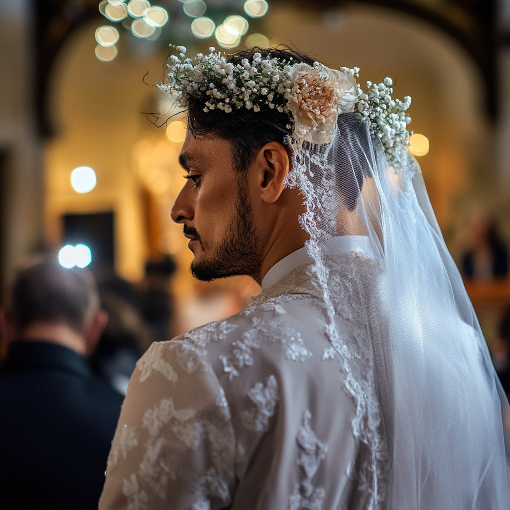 Man dressed as a bride standing at the altar | Source: Midjourney