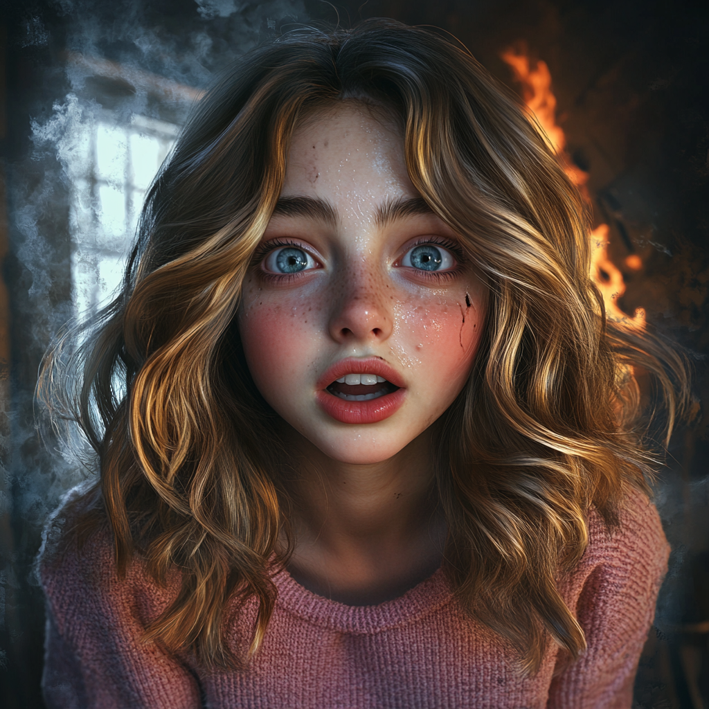 A terrified girl in a burning building | Source: Midjourney