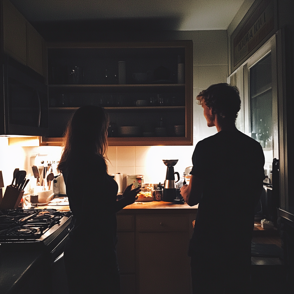 A couple talking in a kitchen | Source: Midjourney