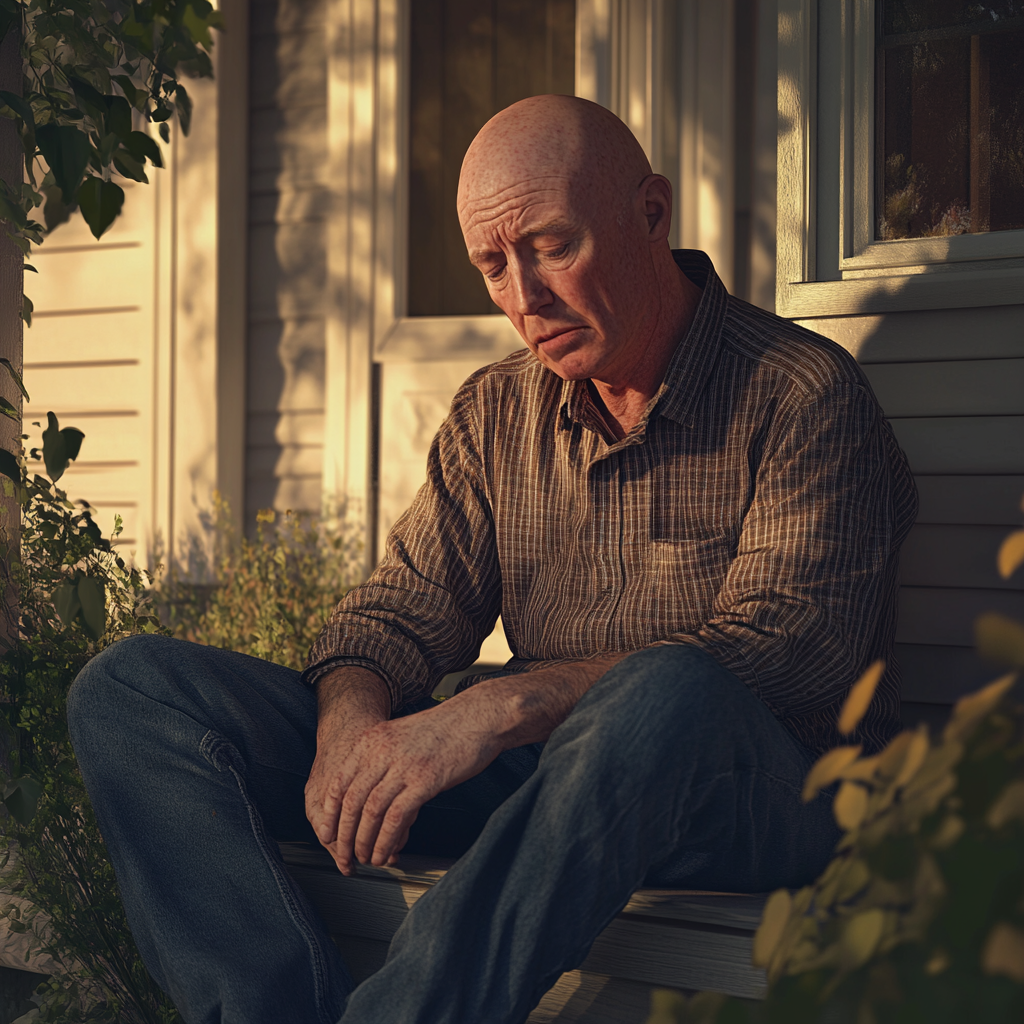 A sad man sitting on the porch | Source: Midjourney