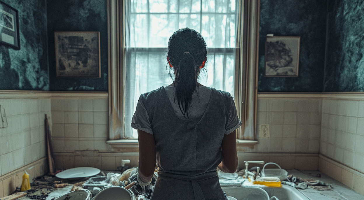 A woman scrubbing dirty dishes in a sink | Source: Midjourney