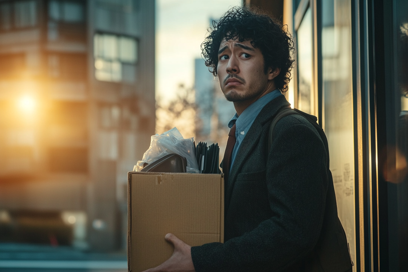 A man stands on the street holding a box of office things after just being fired | Source: Midjourney