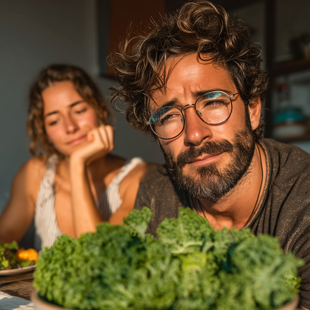 An unhappy man sitting in front of a plate of kale | Source: Midjourney