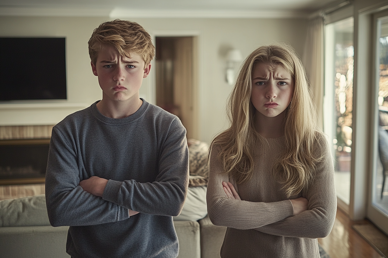 A teenage boy and girl, twins, upset in a living room | Source: Midjourney