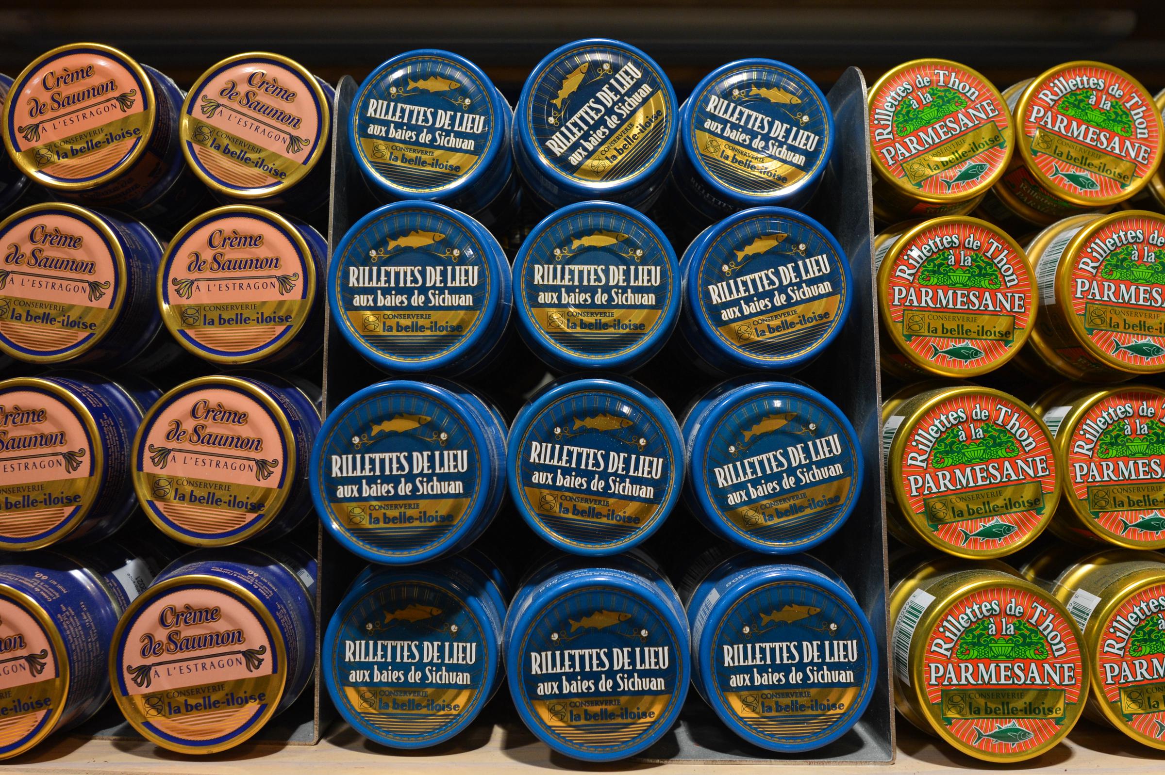 A shop shelf with canned fish in Ouistreham, Normandy, France, on December 28, 2018 | Source: Getty Images