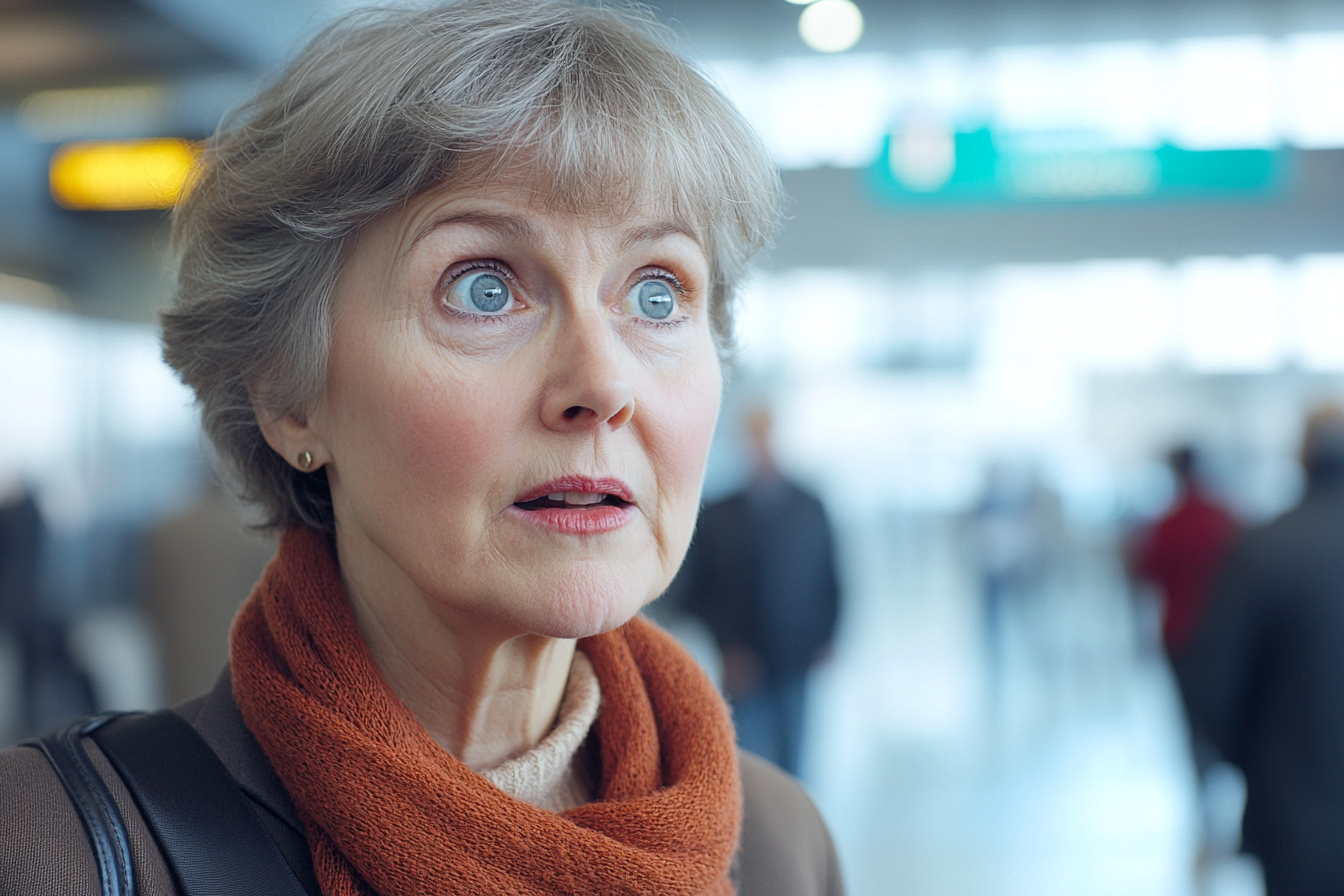 A woman talking while standing at an airport | Source: Midjourney