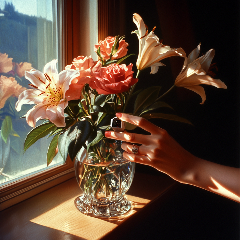 A woman hiding a small camera in a flower vase | Source: Midjourney