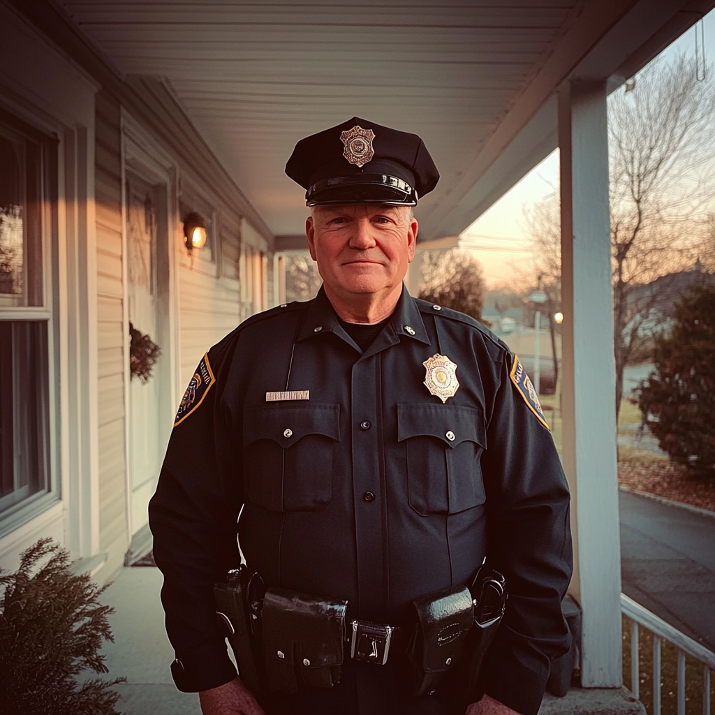 A police officer standing on a porch | Source: Midjourney