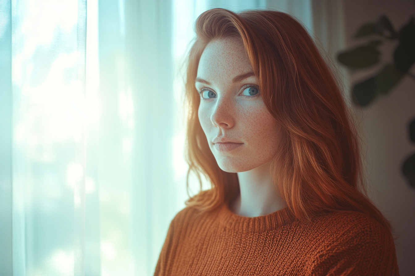 A woman standing near a window | Source: Midjourney