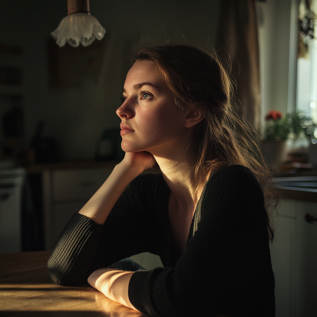 Disappointed woman seated at her kitchen table | Source: Midjourney