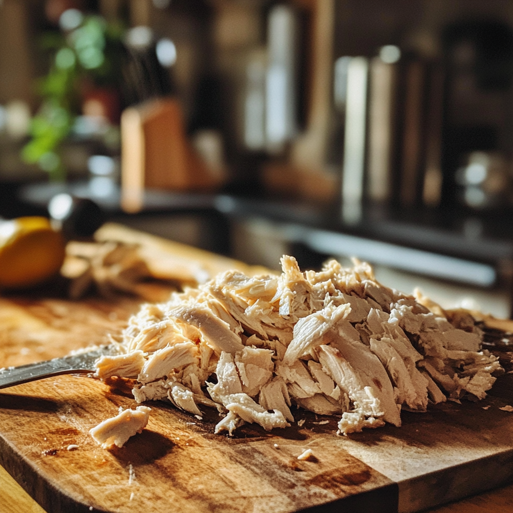 Frango desfiado em uma tábua de corte | Fonte: Midjourney