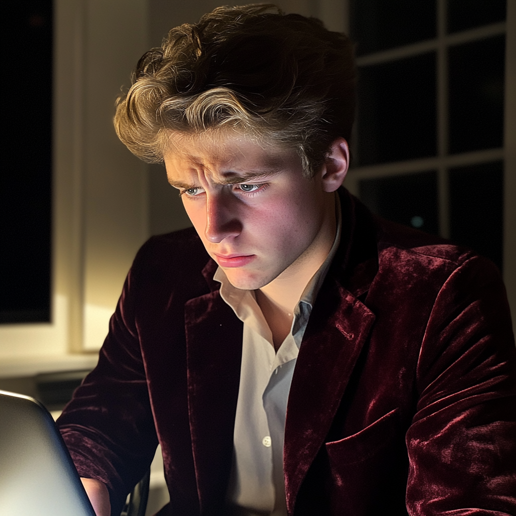 A frowning young man looking at his laptop | Source: Midjourney