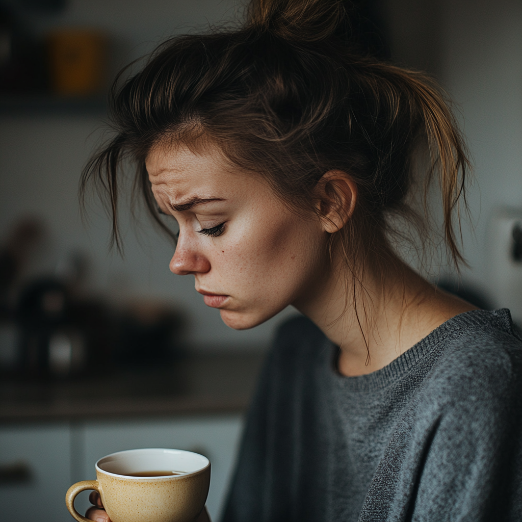 A woman frowning as she stares at her cup of tea | Source: Midjourney