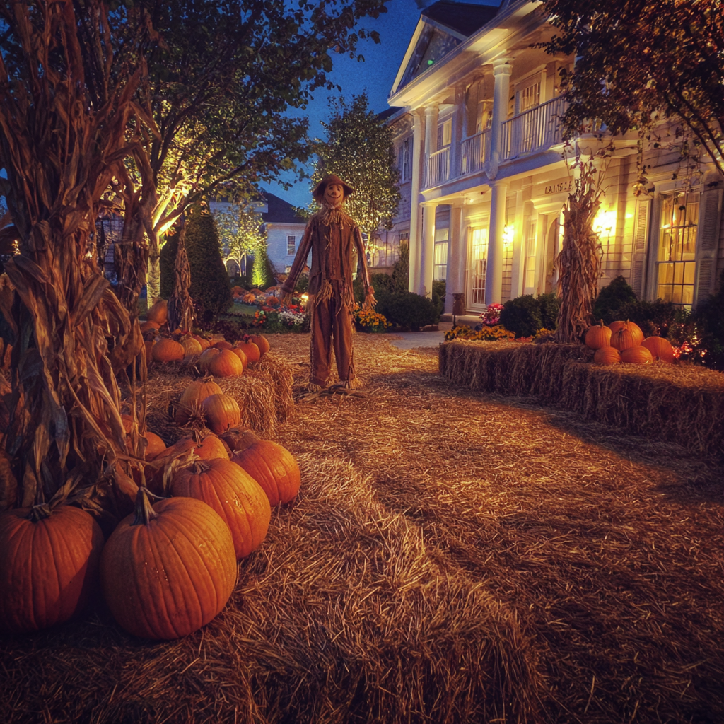 A pumpkin patch with a scarecrow | Source: Midjourney