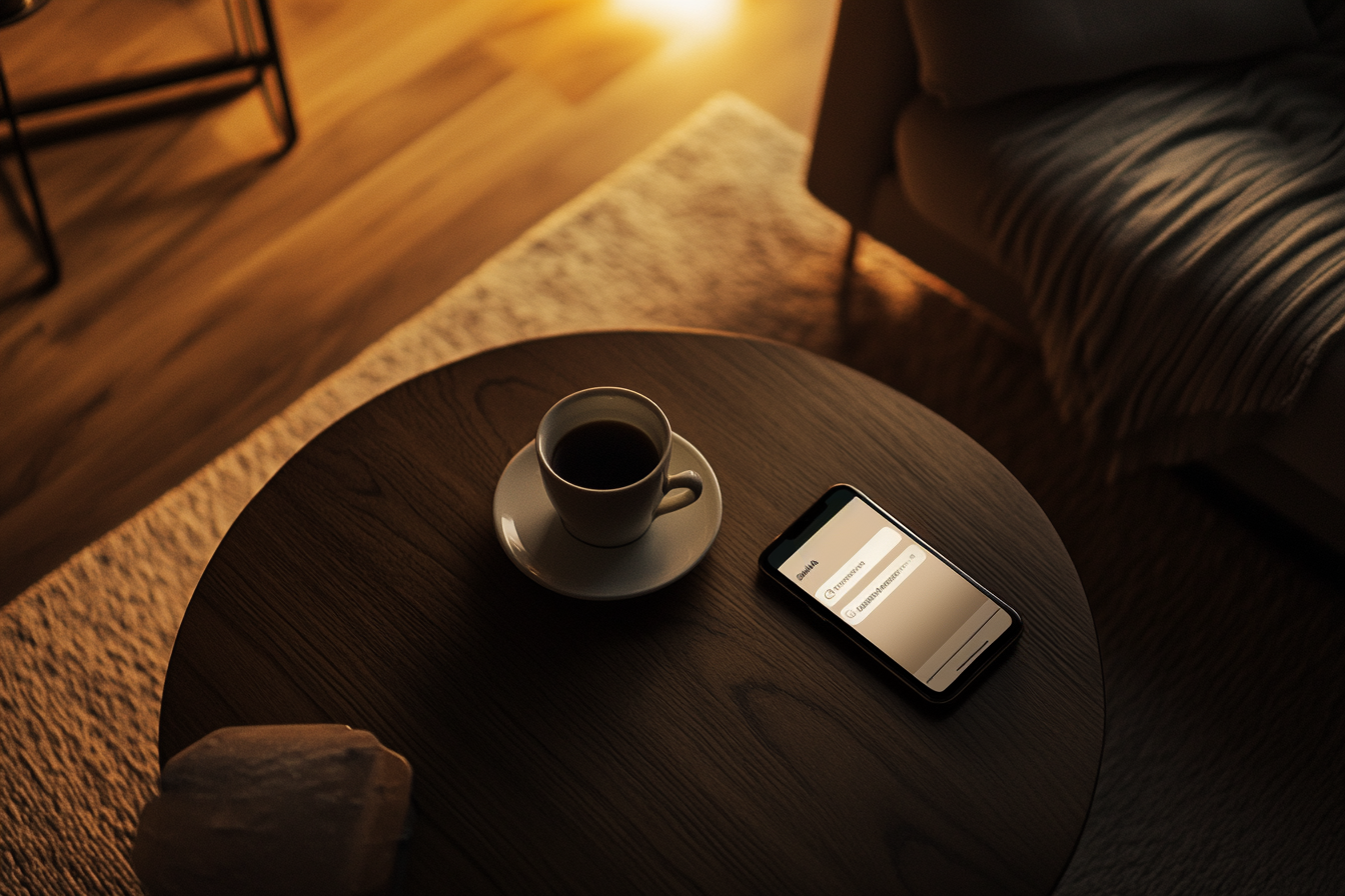 A phone displaying notifications on a coffee table | Source: Midjourney