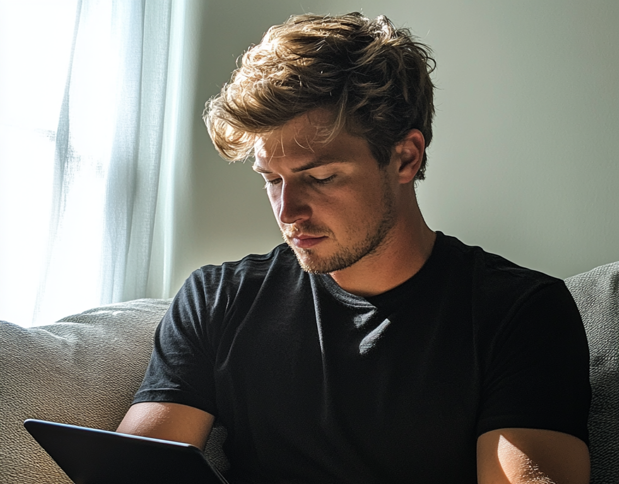 A man sitting on a couch and using a tablet | Source: Midjourney