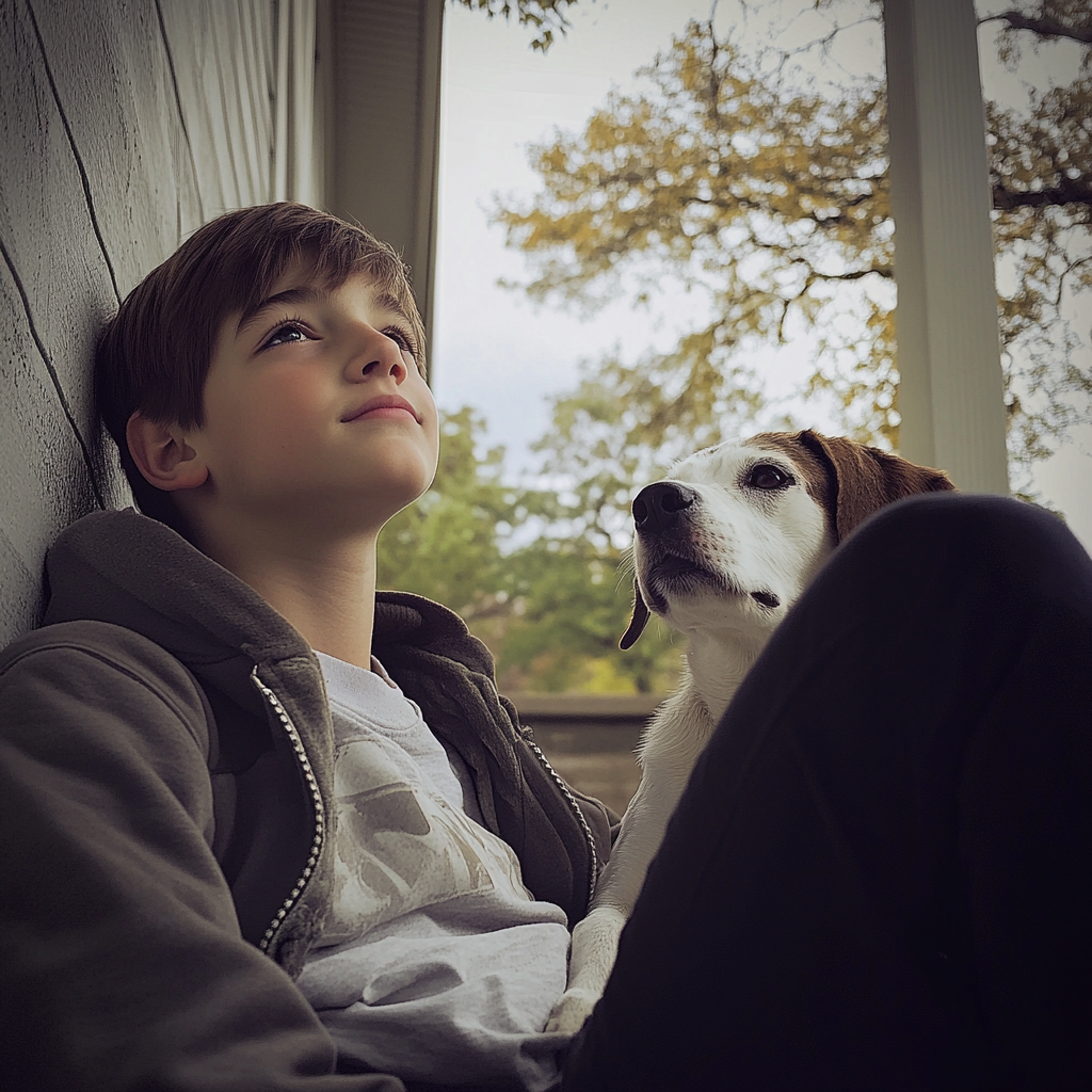 A boy sitting with a dog | Source: Midjourney