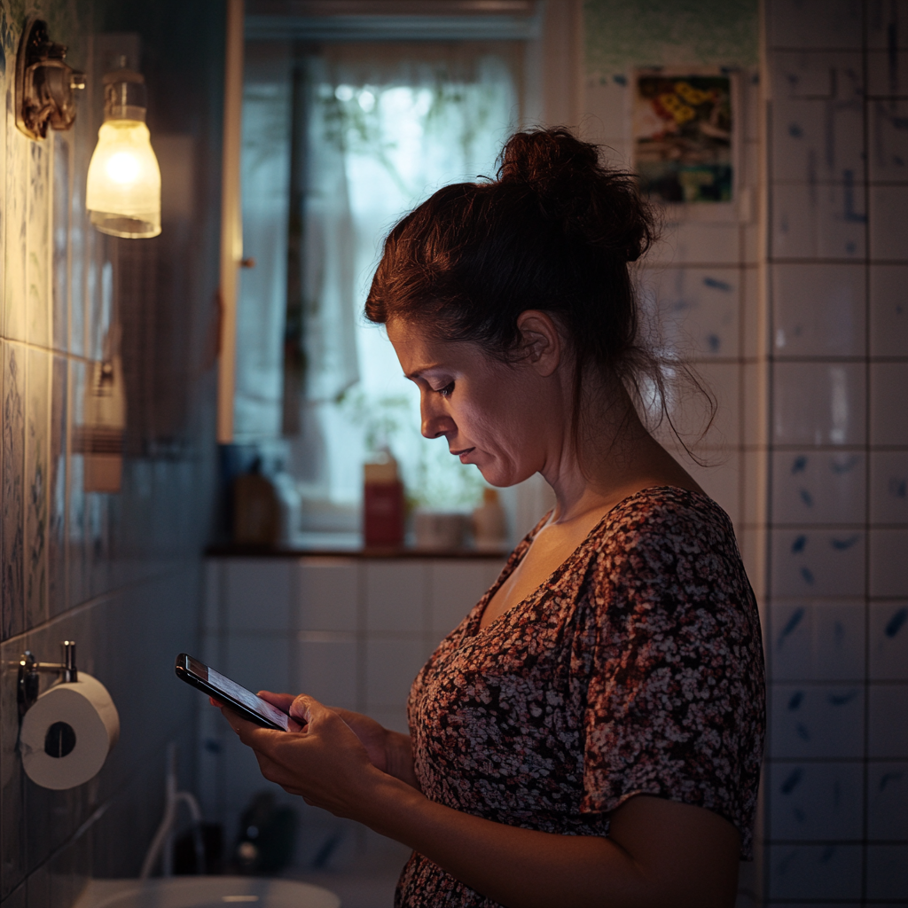 A sad woman looking at her phone | Source: Midjourney