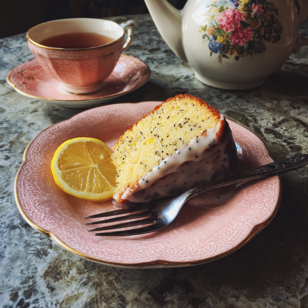 A slice of cake on a pink saucer | Source: Midjourney