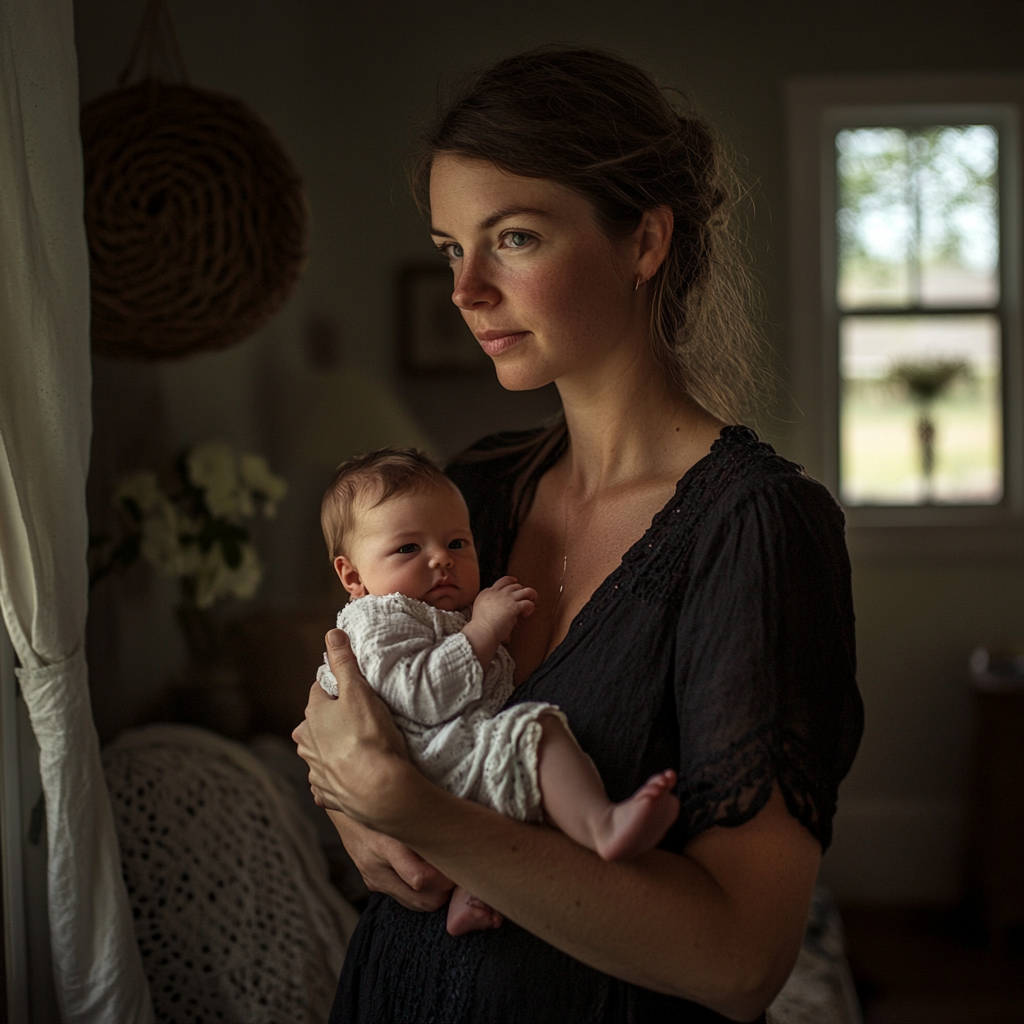 A serious woman holding a baby | Source: Midjourney