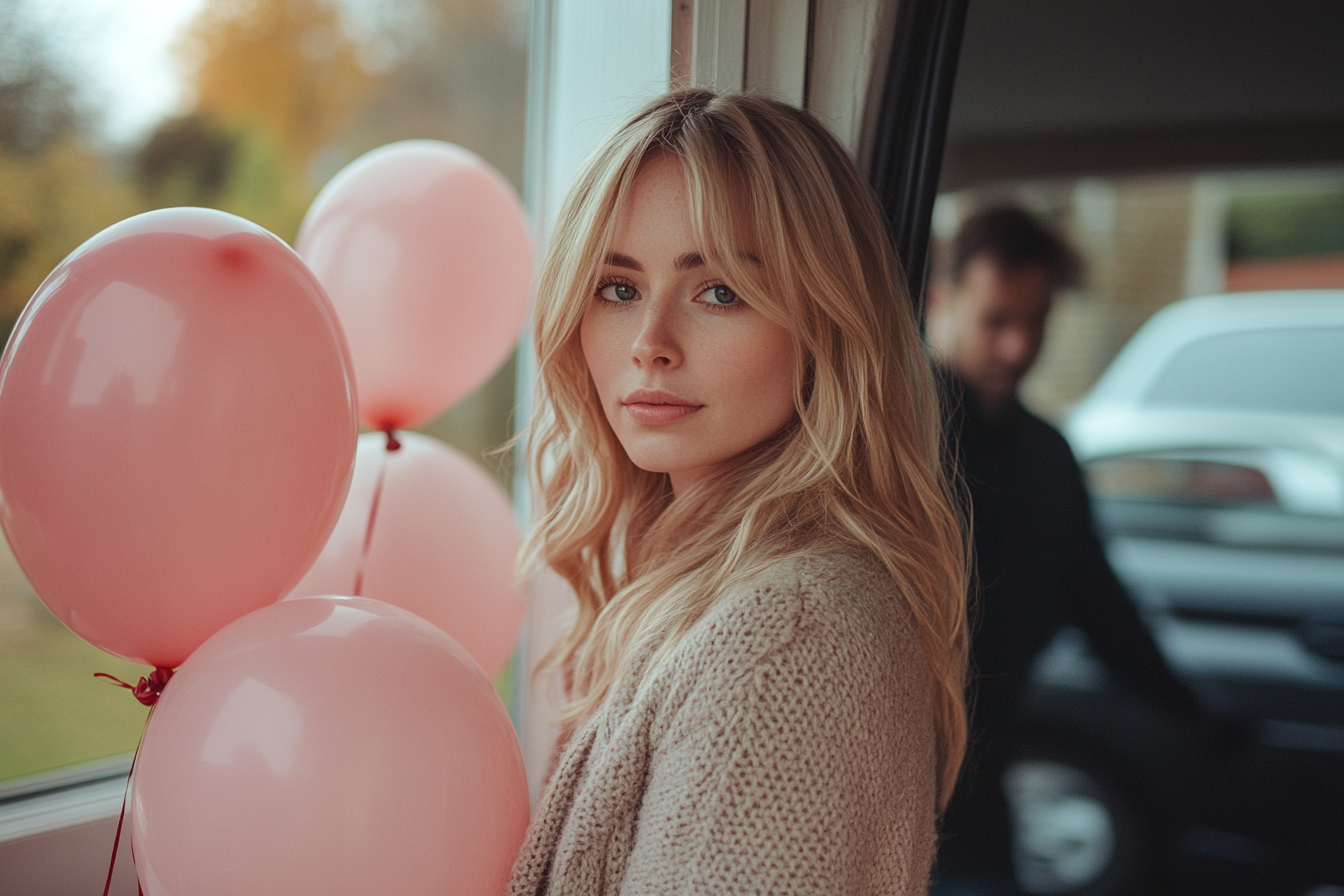 Une femme sérieuse se tient devant la porte, des ballons à la main. À l'arrière-plan, un homme ouvre le coffre d'une voiture, concentré sur le déchargement. | Source : Midjourney