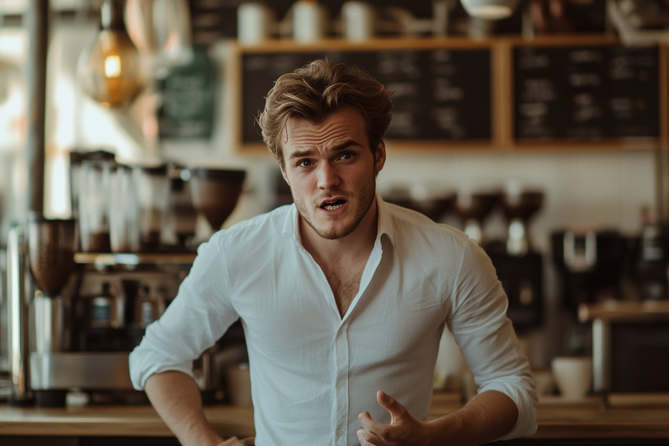 A man standing in a coffee shop, talking in an upset manner | Source: Midjourney