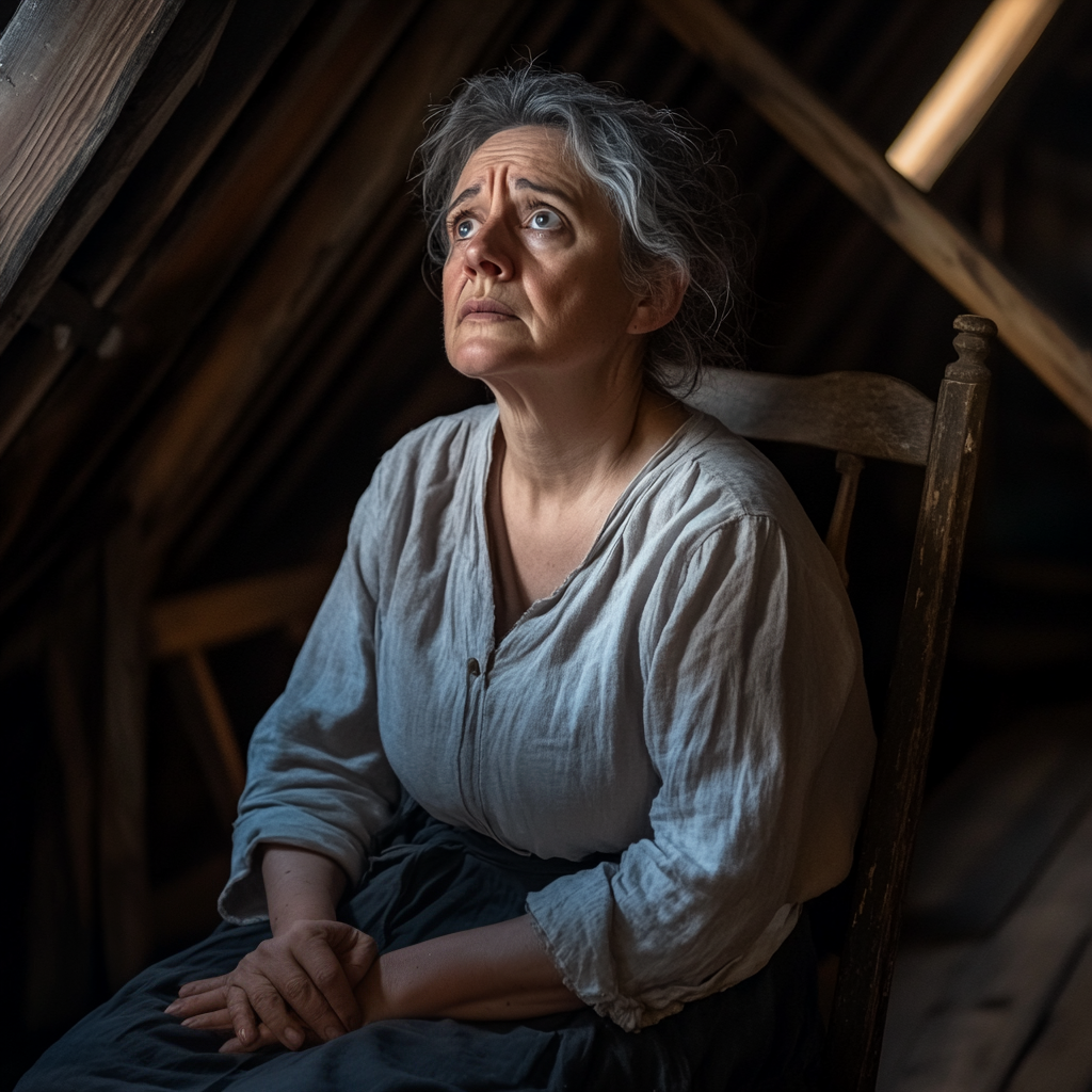 A middle-aged woman looks nervous while sitting in an attic | Source: Midjourney