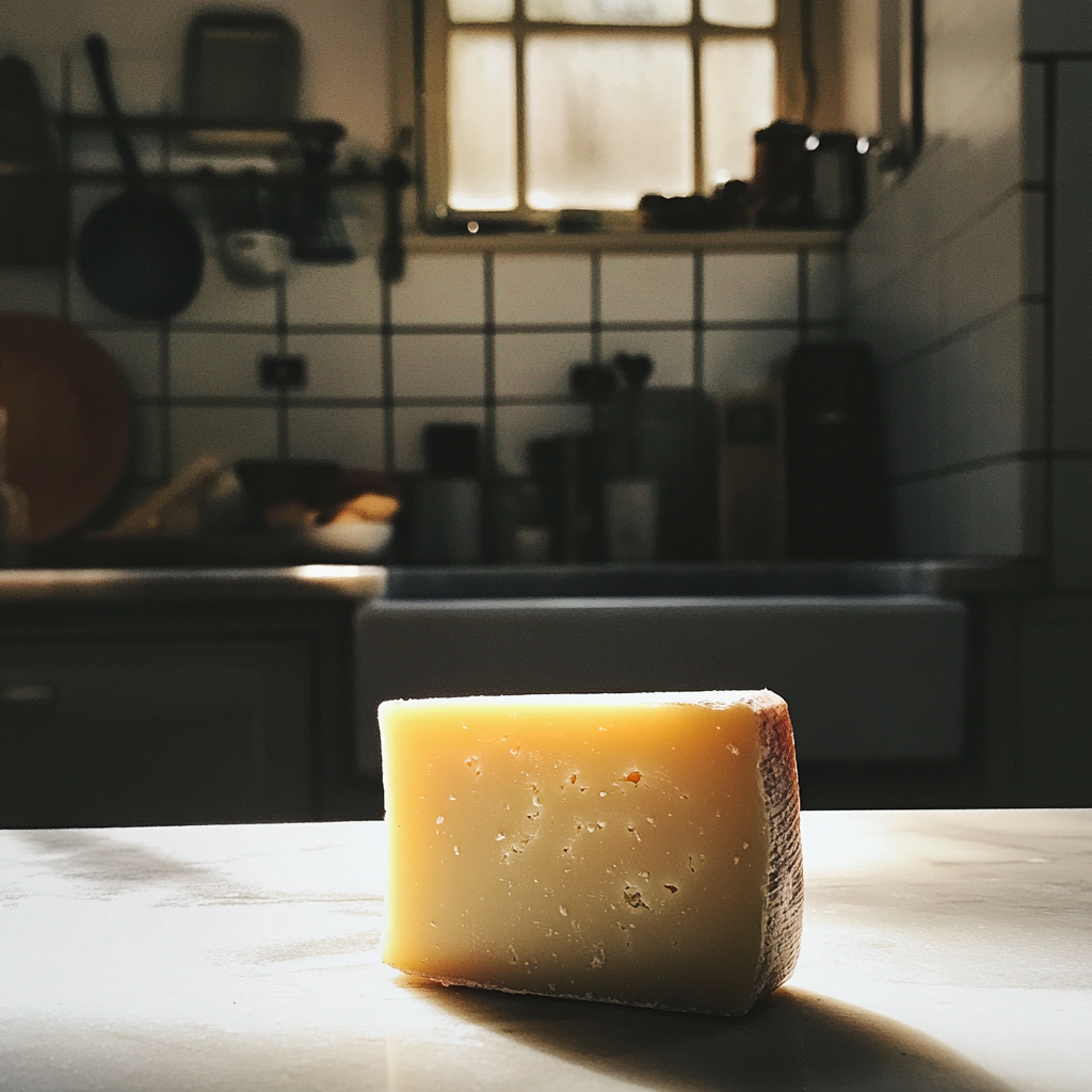 A block of cheese on a kitchen counter | Source: Midjourney