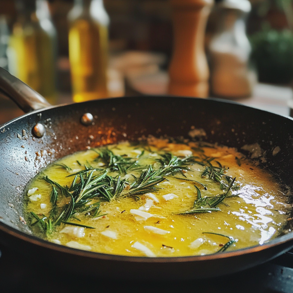 Butter, garlic and rosemary in a pan | Source: Midjourney