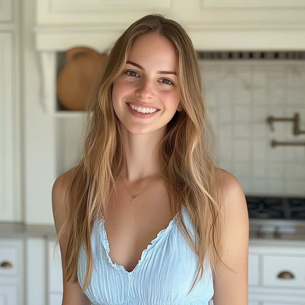 A smiling woman wearing a blue dress | Source: Midjourney