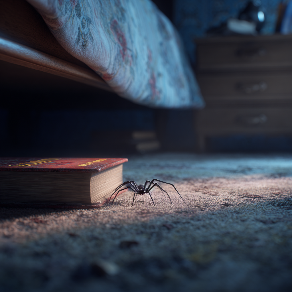 A novel lying under the bed and a spider beside it | Source: Midjourney