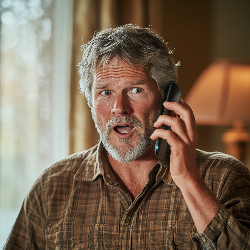 A middle-aged man looking surprised while talking on the phone | Source: Midjourney