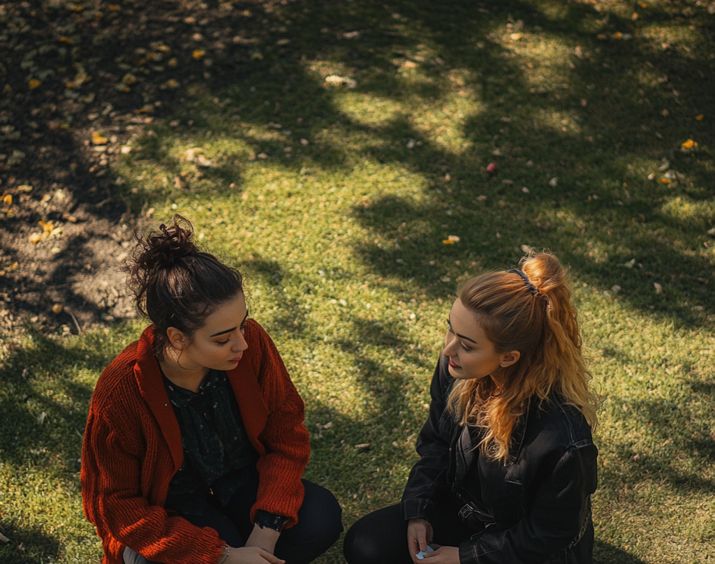 Woman having a chat in the park | Source: Midjourney