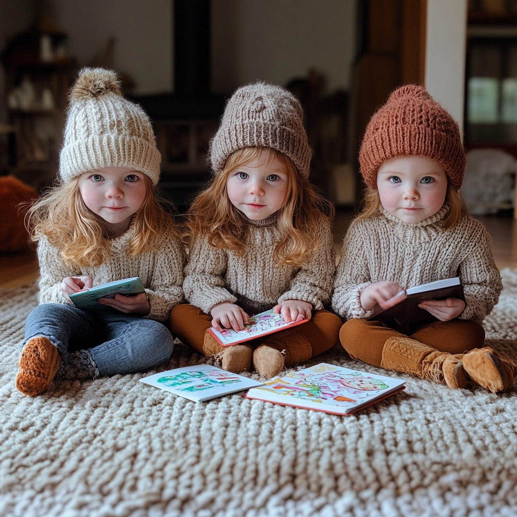 Triplets sitting together on a carpet | Source: Midjourney