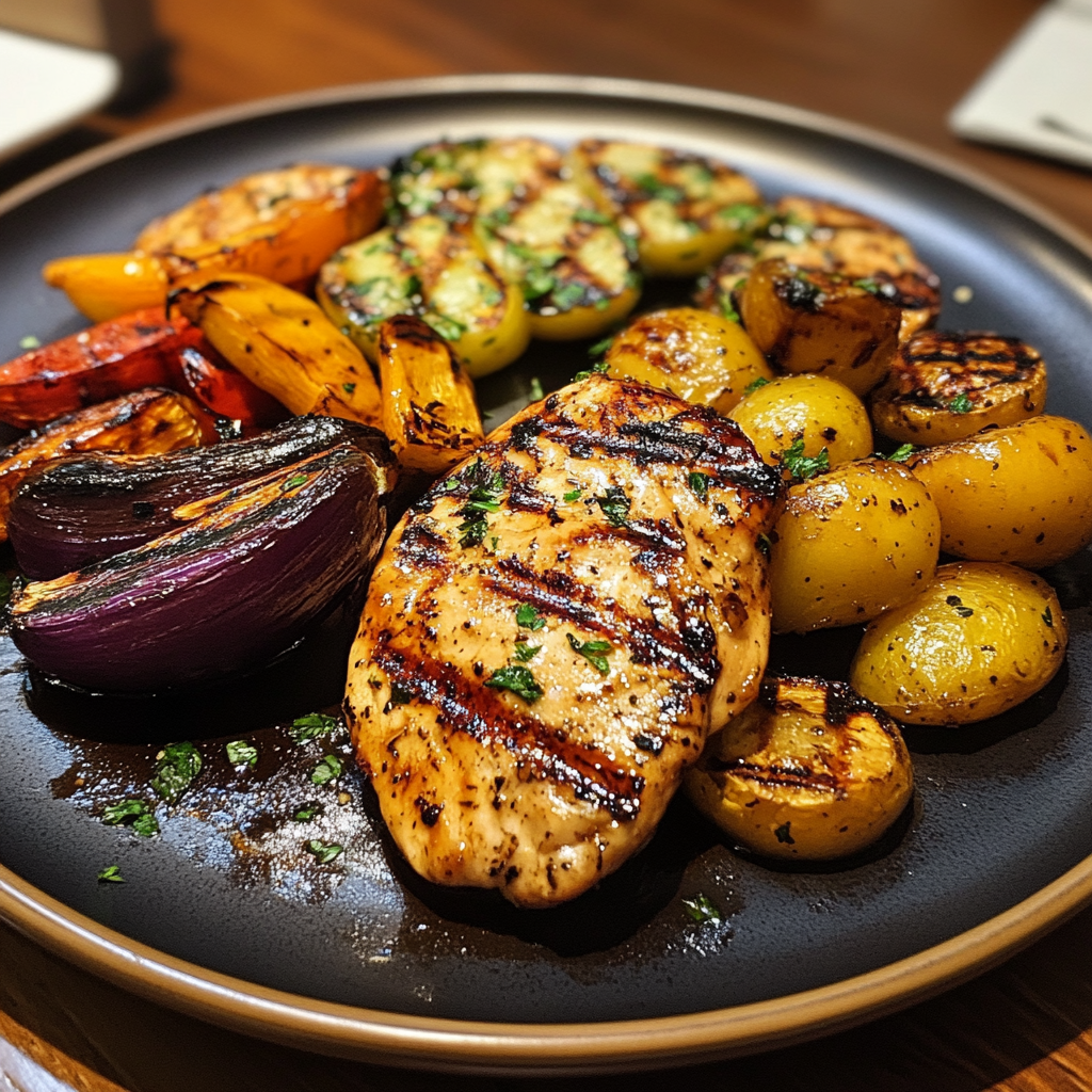 A plate of grilled chicken and vegetables | Source: Midjourney