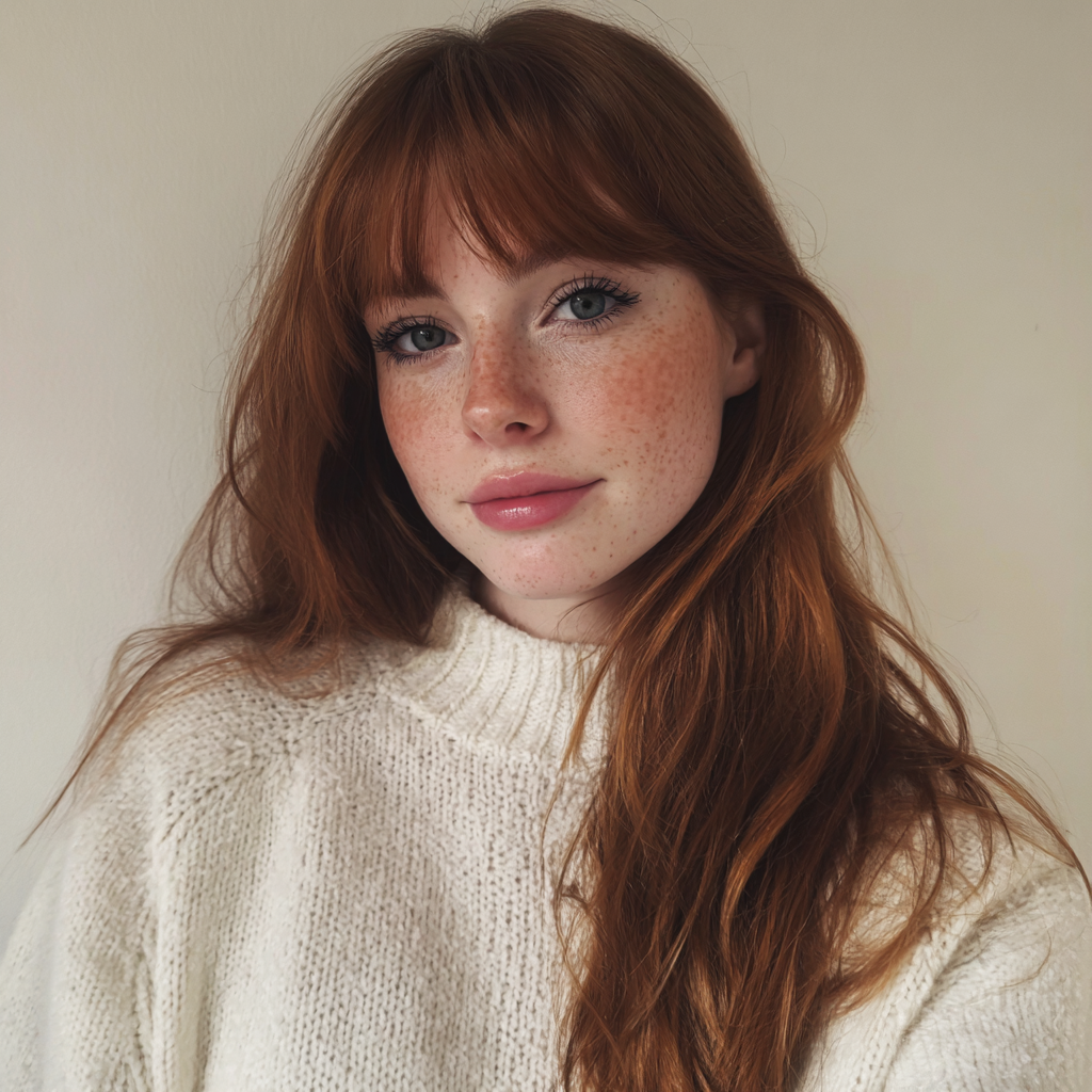 A close up of a woman wearing a white sweater | Source: Midjourney