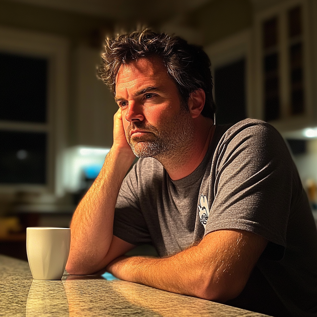 A man sitting at a kitchen counter | Source: Midjourney