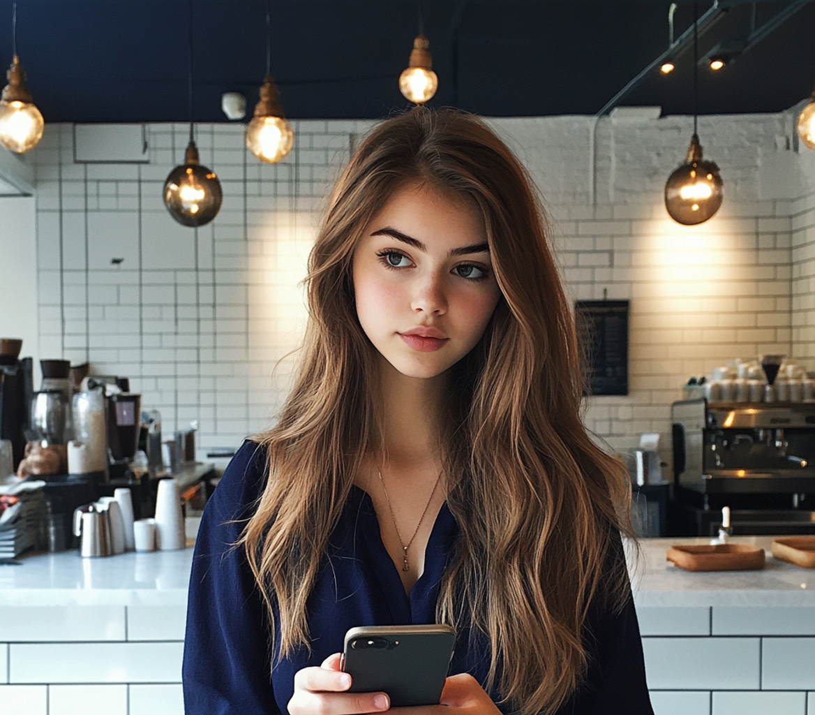A young woman standing in a coffee shop | Source: Midjourney