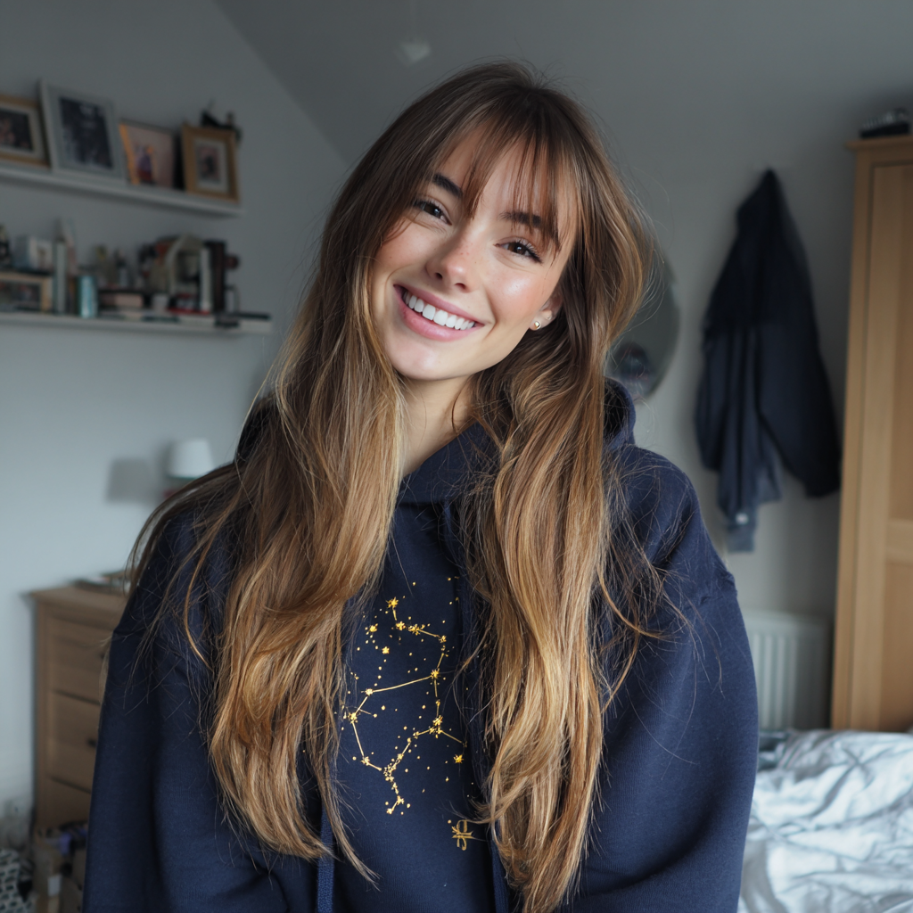 A smiling teenage girl wearing a navy hoodie | Source: Midjourney