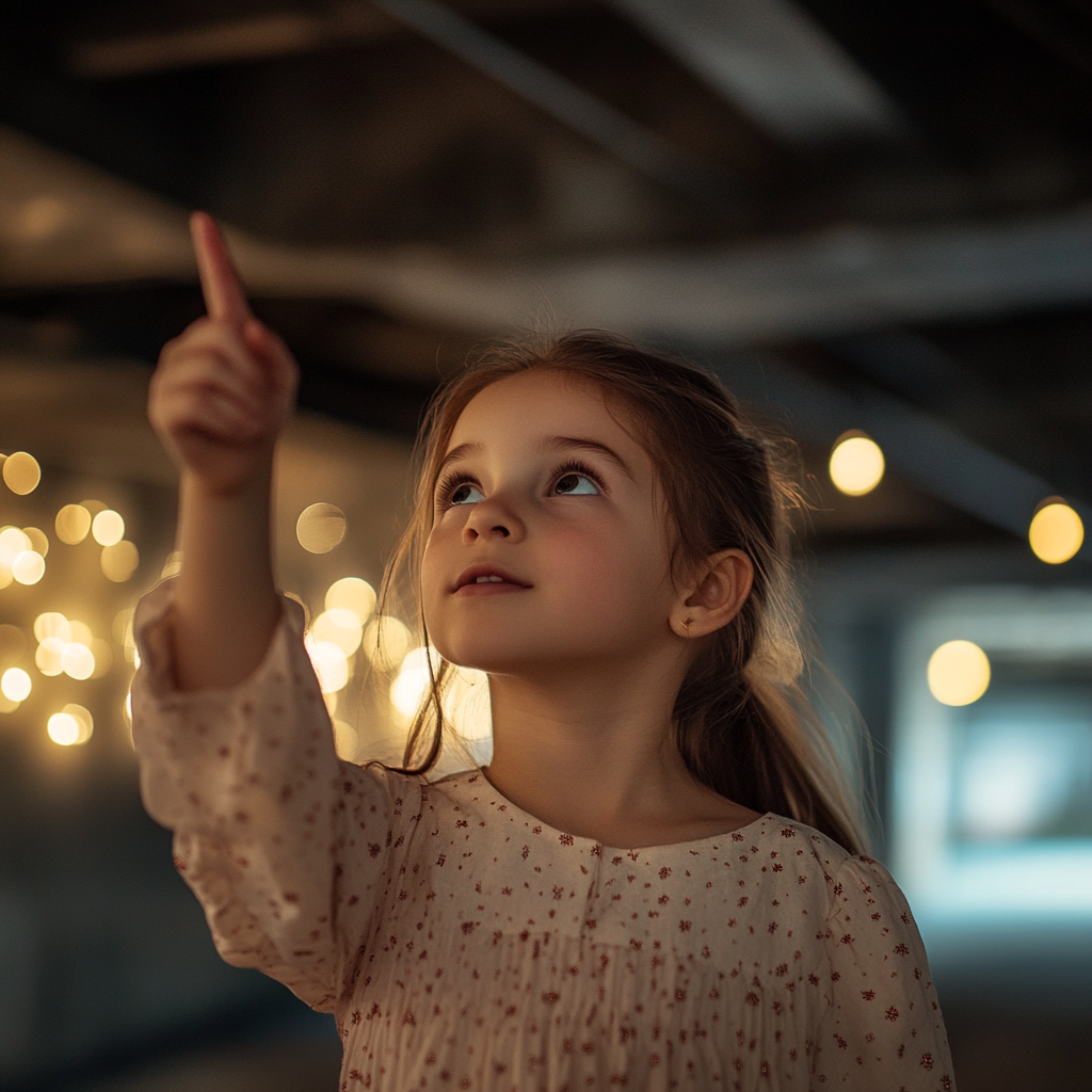 Little girl pointing to the ceiling | Source: Midjourney