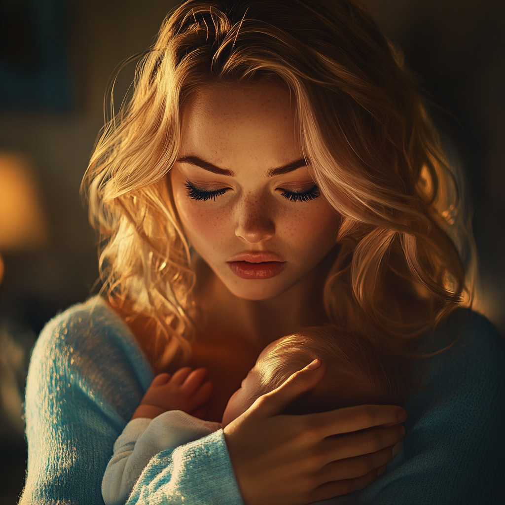 An emotionally overwhelmed woman holding a baby | Source: Midjourney