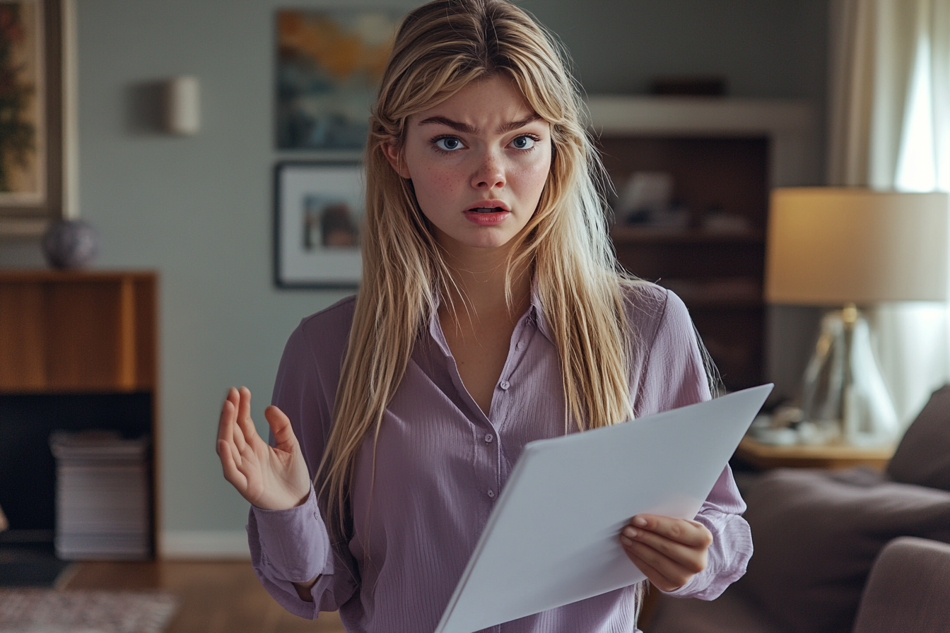 Une femme tenant un dossier blanc, l'air en colère et agitant la main | Source : Midjourney