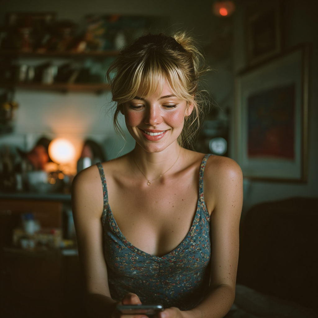 A happy woman looking at her phone | Source: Midjourney