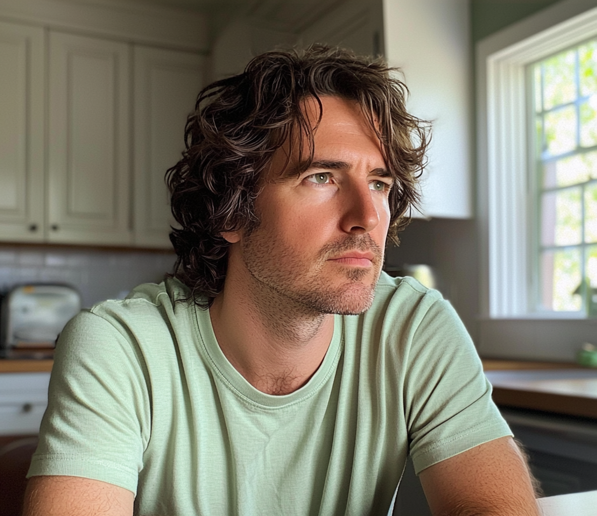 A pensive man sitting at a kitchen counter | Source: Midjourney