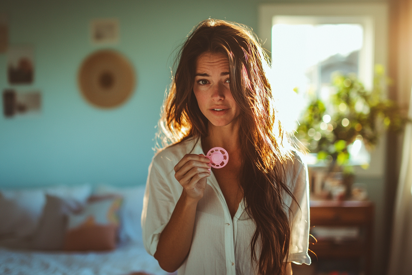 Worried woman holding a pacifier in a bedroom | Source: Midjourney