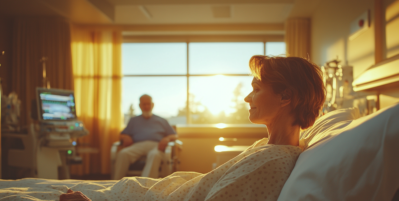 Sick woman in bed with her husband seated in the background | Source: Midjourney