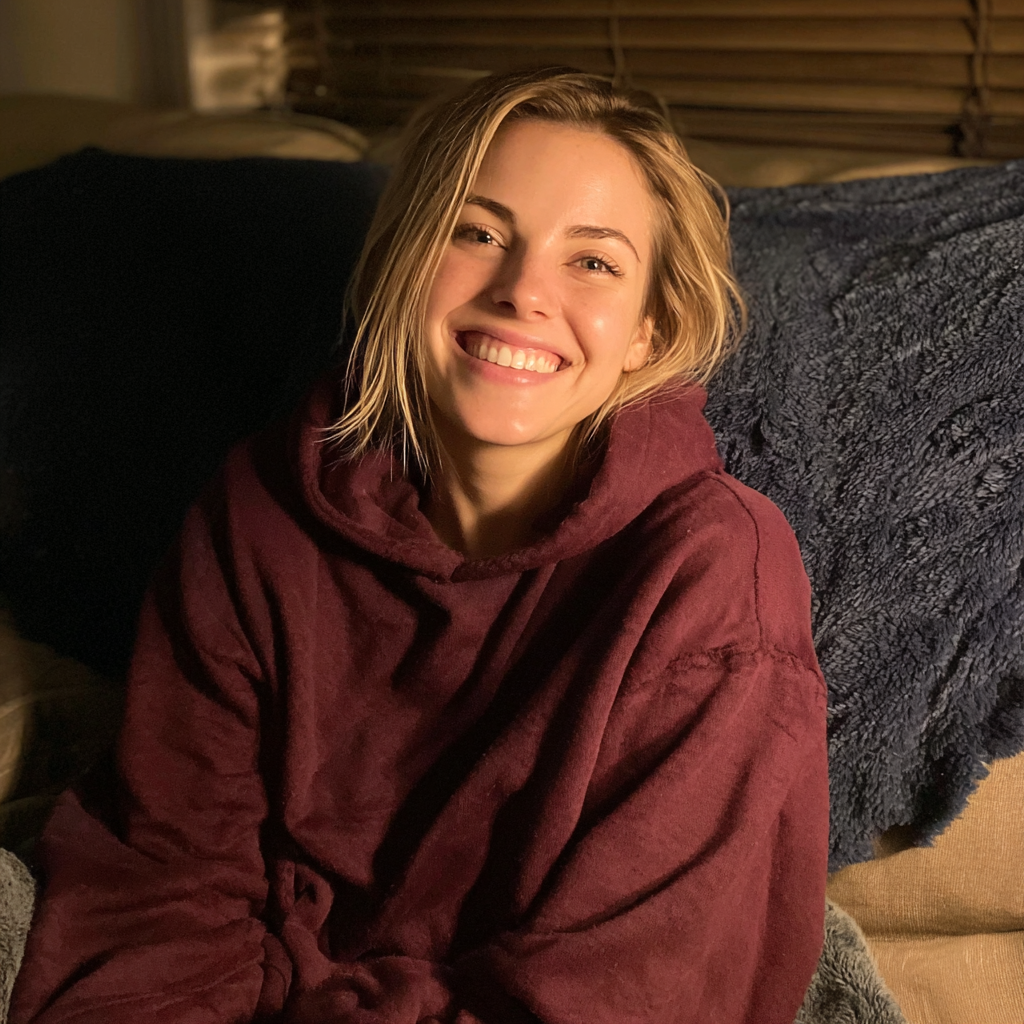A smiling woman sitting on a couch | Source: Midjourney